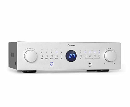 Auna Amplificatore Audio HiFi, Amplificatore HiFi, Amplificatore Bluetooth con Controllo Alti e Bassi, Amplificatore HiFi Stereo per Casse e Subwoofer 4 Canali, con Telecomando e Ingresso AUX