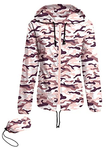 Avoogue Lightweight Raincoat Walking Jackets Women Waterproof Windbreaker Packable Outdoor Hooded Rain Jacket Pink Camouflage L
