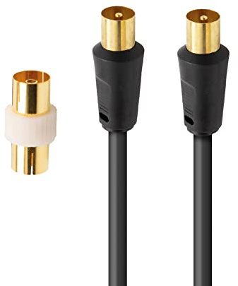 APM Cavo TV Antenna 9,52 mm, 2 metri, connettori oro maschio/maschio, cavo coassiale nero con adattatore femmina/femmina incluso, compatibile TV decoder TNT spina a parete 9,52 mm, 408019