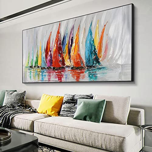 KADING Tableau abstrait sur toile Peinture colorée de bateau à voile Peintures à l'huile sur toile de grande taille Art mural moderne pour décor de salon 82x40cm (32x16in) avec cadre