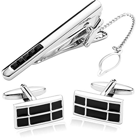 Whoiy Krawattenklammer Schwarz, Krawattenklammer Edelstahl Silber Schwarz Set Aus Krawatte und Manschettenknöpfen Rechteck für Männer Frauen Anzughemd