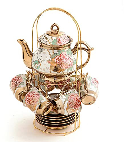 Service à thé en céramique rose rouge plaqué or, service à thé vintage avec théière, beau service à thé servant 6 personnes (Golden, large)