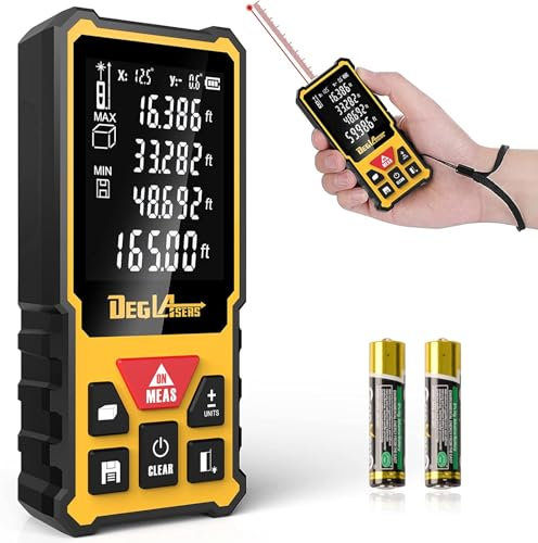 DEGLASERS Télémètre laser numérique de 40 m avec double écran d'angle, commutation unité M/in/FT, écran LCD rétroéclairé, mesure la distance, la surface et le volume, mode Pythagore