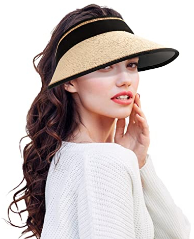 Heveer Sonnenhut Damen mit Breite Krempe Einstellbar Sun Visor Hüte Pferdeschwanz Strand Hut für Sonnenschutz Outdoor Beige 54-62cm