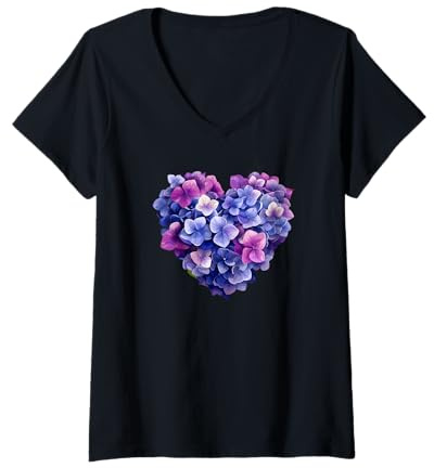 Femme Hortensia Cœur, Fleur d'hortensia T-Shirt avec Col en V