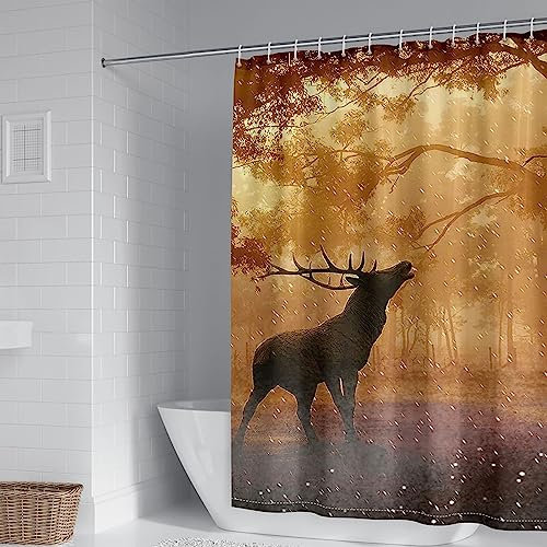 Whoiy Duschvorhang 120X180 Waschbar, Duschvorhang Eckbadewanne Polyester Badegardinen Bäume und Elche Braun für Outdoor Hotel