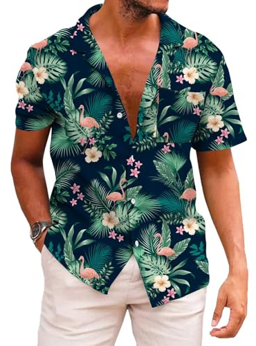 KYKU Men's Hawaiian Shirts Vacation Button Up Shirt Flamingo, Green, X-Large