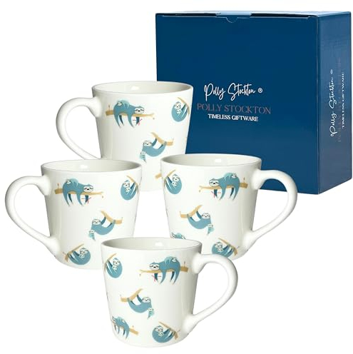 Polly Stockton - Tazzine Caffe Particolari Con Bradipi. Set Di 4 Tazzine Da Caffè, 400ml. Nuova Porcellana Ossea Tazzine Da Caffe. Tazza Di Bradipo Per Gli Amanti Degli Animali, Regali Per Donna.