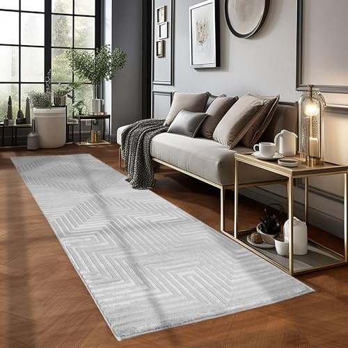 Carpetsale24 Kurzflor Teppich Läufer 80x250 cm Grau Modern Skandinavisch Boho Design Einfarbig 3D Effekt Weich Waschbar Pflegeleicht für Flur Eingang Küche Schlafzimmer