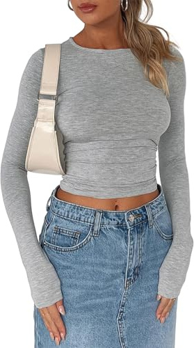 Qianderer Womens Y2k Long Sleeve Top Skim Dupe Crop Tops Scoop Neck Going Out Slim Fit Basic T Shirts Aesthetic Streetwear