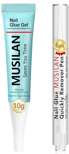 MUSILAN Nagelkleber Gel mit Pinsel und Nagelkleberentferner Stift Set, Halbfester Gel Nagelkleber für Kunstnägel keine UV Lampe erforderlich, 3-in-1 Nail Glue Remover Pen Design für Nägel 10g/6ml (1)