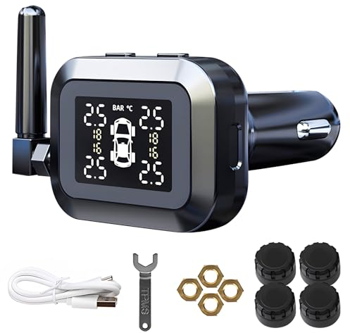 MOMOTOU TPMS Reifendruckkontrollsystem 0-87 psi mit 4 externen Sensoren Zigarettenanzünderbuchse und USB-ladeanschluss 6 Alarme IPX7 wasserdicht Kabellos Reifendruckkontrollsystem für Auto,SUVs, MPVs