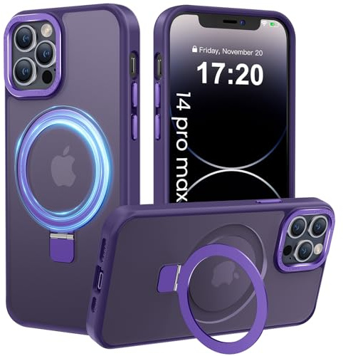 PuyaTeya Cover Magnetica cover per iPhone 14 pro max,con Mag-Safe Supporto ad Anello, protezione militare contro le cadute, custodia traslucida opaca antigraffio/impronte digitali(viola scuro)