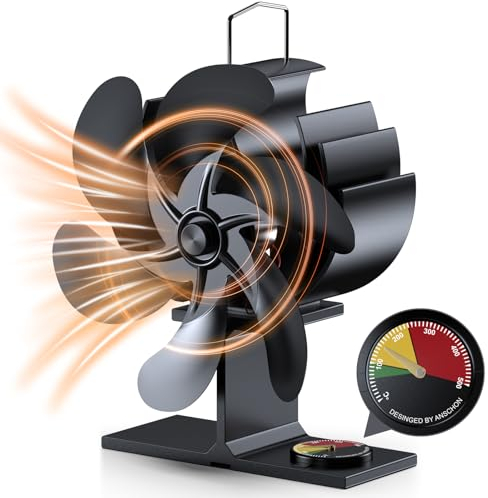 Zgrmbo Wood Stove Fan, 6 Blades Heat Powered Log Burner Fan with Temp Reminder, Silent, Wood Stove Accessories, Non-Electric for Burning/Pellet/Log Burner/Fireplace