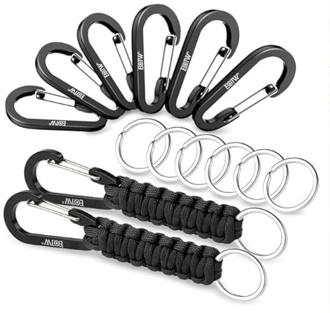 BOPHIS Paracord Keychain Carabiner Clips 2 pcs Umbrella Cord Keychain,15.5cm;6 pcs Mountaineering Buckle,6cm;6 pcs ring,3cm,Paracord Carabiner Clip Black,Paracord Keyrings with Snap Hook,Rope Keyring