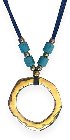Handgefertigte Damen Halskette golden mit Türkissteinen – Lange Verstellbare Kette im Boho-Stil mit Braunem Veloursband – Schmuck mit Bedeutung – Ideales Geschenk – ASTER ALHELÍ