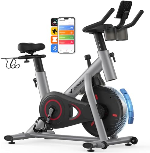 Merach Exercise Bike, Brake Pad/Magnetic Stationary Bike with Exclusive App, Low Noise Indoor Cycling Bike with 270LBS Weight Capacity, Dumbbell Rack and Fitness Courses for Weight Loss