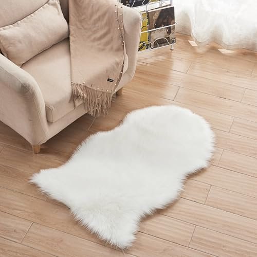 Faux Fell Teppich Flauschig Weiche Warm Modern Bodenmatte Sofa Matte, Kunstfell Dekofell Unregelmäßig Bettvorleger Wolle Longhair Optik Gemütliches Beige 60x90cm (Weiß)