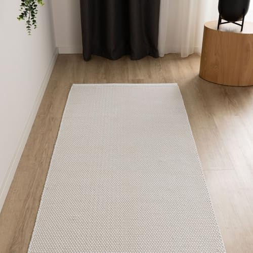 Interiyou handgewebter Baumwollteppich Riga - 80x250 cm Weiß - Handwebteppich für Wohnzimmer, Schlafzimmer - 100% Handarbeit Naturfaser Teppich Flachgewebe