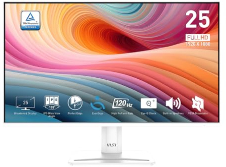 MSI PRO MP251W E2 62.2 cm IPS 1920 x 1080 (FHD) Monitor de oficina para juegos, 120 Hz, sincronización adaptativa, listo para HDR, HDMI, puerto VGA, puerto de visualización, montaje VESA, inclinación