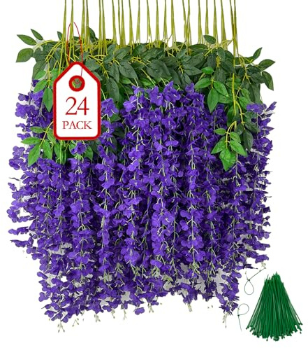 BIRDDIE 24 Pcs Morado Oscuro Plantas Artificiales Decorativas | Flores Artificiales Decoracion,Glicinas Artificiales,Guirnalda Colgante para Fondo,Boda,JardíN y de Pared del Hogar