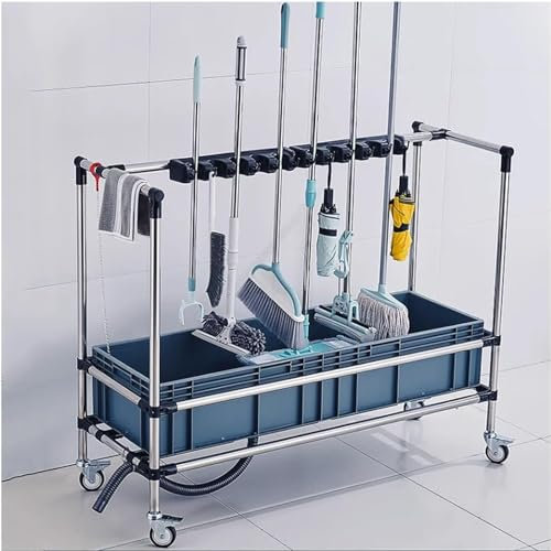 Mop Holder,Broom and Mop Holder, Movable Cleaning Cart, Stainless Steel Mop Rack, Hand Trucks Broom, Cleaning Tool Organizer for Home Garden (Color : Silver, Size : 97x47x103cm) (Silver 97x4