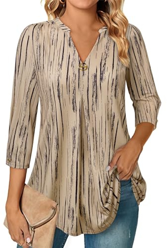 Gaharu Tunique pour femme à manches 3/4 élégante avec col en V, chemise décontractée, haut flowy, long t-shirt, Rayé beige, XXL