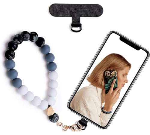 LunarCharm silicone bead wrist strap, mobile phone lanyard with mobile phone lanyard pads, elastic handsfree mobile phone bracelet, mobile phone chain for most smartphones, black