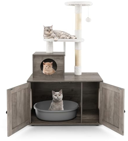 COSTWAY 3 en 1 Rascador para Gatos con Nido y Caja de Arena, Árbol Estable de 3 Niveles con 2 Postes de Sisal, 2 Plataformas y Juguete Colgante (Gris Oscuro)
