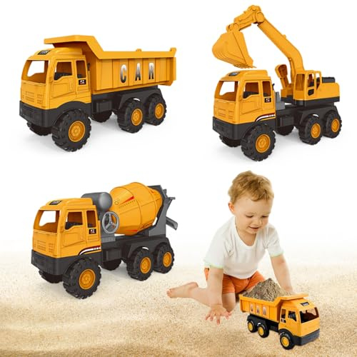 XUDUOO 3 Stück Sandspielzeug Bagger Sandkasten, Sandbagger Baufahrzeug, Auto Spielzeug Set für Kinder 3 4 5 Jahre Strandspielzeug, Kunststoff Bagger, Baustellenfahrzeug Strandspielzeug für den Sommer