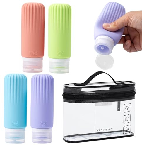 Lunaanda 4 Pack 90 ml Silicone Travel Bottles for Toiletries with Black Clear Waterproof Toiletry Bag, Leakproof Refillable Squeeze Travel Size Containers for Shampoo, Conditioner, Lotion and Cosmetic