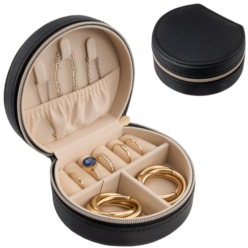 ProCase Reise Schmuckkästchen, Mini Schmuckbox für Damen PU-Leder Aufbewahrungsbox Schmucketui Schmuckaufbewahrung für Ringe Ohrringe Halsketten Geschenk- Schwarz