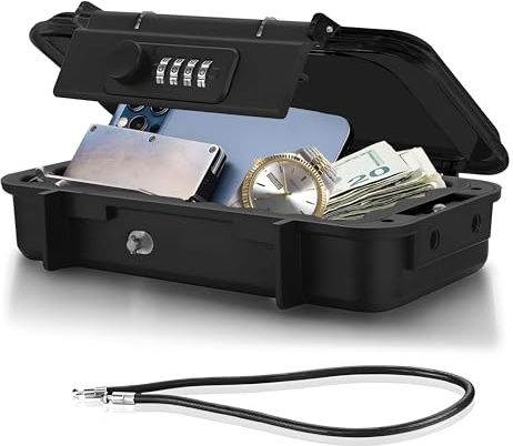 Tragbarer Safe, 4-stelliges Zahlenkombinationsschloss, Sicherheitsbox mit abnehmbarem Drahtseil für Reisen, Strand, Hotel, Auto, Zuhause und Büro [ Innenmaße: 20.0 * 10.3 * 3.5 cm ]