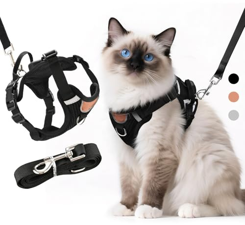 LUOJINYI Verstellbares Katzengeschirr mit Leine Ausbruchsicher, Katze Brustgeschirr mit Reflektierend Streifen & Atmungsaktiv Netzgewebe, Softgeschirr für Katzen Kätzchen Welpen(Schwarz, L)