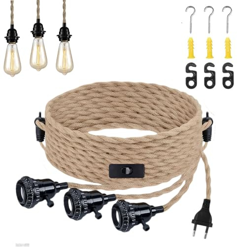 Calenxy Hanfseil Pendellampe Kit,Hängelampe mit Stecker,3-Flammig Vintage Hängelampe Lampenkabel mit Schalter Lampenfassung E27 mit Kabel 8,5M DIY Pendellampe für Haus Küche Cafe Balkon