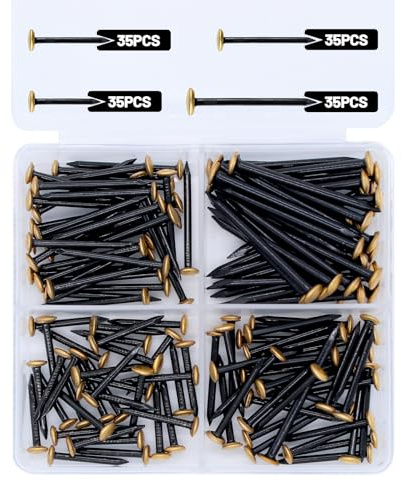 PWGHWG 140 Stück Bildernägel Set 20/25/30/40mm, Stahlnägel mit Goldener Kopf, Stahl Bildernagel mit 4-Fach Box für Beton Ziegel Putz Holz