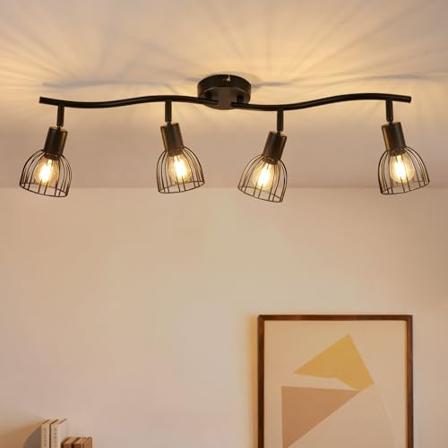 Leselux LED Deckenstrahler 4 Flammig Schwarz, Spots Deckenleuchte E14 | 350° Schwenkbar Metall Deckenlampe Strahler, Retro Deckenspot Wandstrahler für Küche Flur Schlafzimmer, Ohne Leuchtmittel