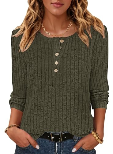 WNEEDU Dam långärmad toppar damer lätta tröjor button down puff ärm rund hals sweatshirt tunika pullover, Armégrönt, XL