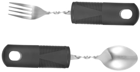 OUNONA Juego de Cubiertos Adaptables de Acero Inoxidable y Mango de Goma Antideslizante, Kit de 2 Piezas Tenedor y Cuchara Grande, Utensilios para Personas Mayores Temblores, Ayudas