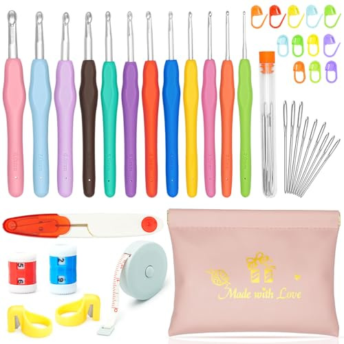 Kit Crochet 41 Pièces Aiguilles à Crochet Ergonomiques (2.0-8.0mm) avec Poignée Souple, Accessoires Tricot et Trousse de Rangement, Set Complet pour Débutants et Pros (Rose - Pochette Enveloppe)