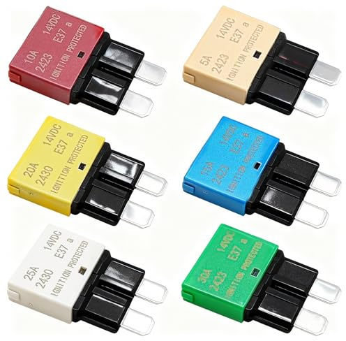 6-Pack DC 12V Auto-Reset Sicherungsautomat 5A 10A 15A 20A 25A 30A, E37 Sicherungsschutzschalter Low Profile, Leistungsschalter für Kfz, Flachsicherungen Autosicherungen mit Automatischer Rückstellung