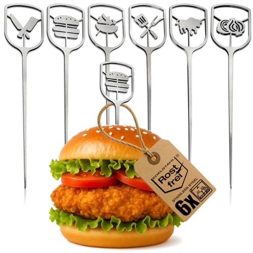 com-four® 6 brochettes burger inox 16 cm, pics métalliques avec zone | accessoire cuisine - BBQ pour présentation élégante