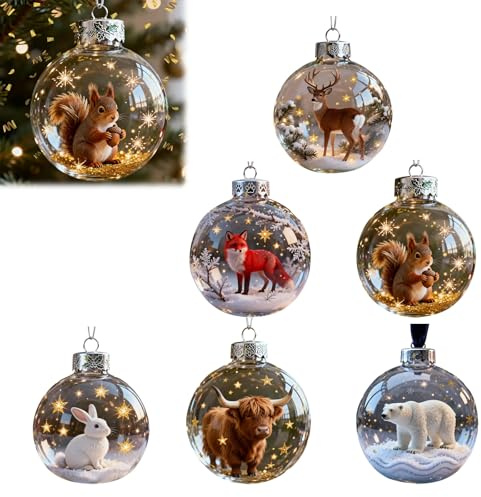 6PC Wildlife Wonders Collection Crystal Glass Ornaments, Handcrafted Vivid 3D Animal Christmas Glass Bauble Decoration,for Interior Outdoor Home Holiday Decor and Gifts
