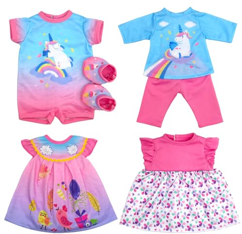 4 Puppenkleidung Sets 33-40cm: Strampler, 2 Röcke, Hose, Oberteil, Socken | 4 komplette Puppenkleidungssets in den Größen 13–16 Zoll, ideal für kreatives Rollenspiel von Kindern (Ohne Puppe)
