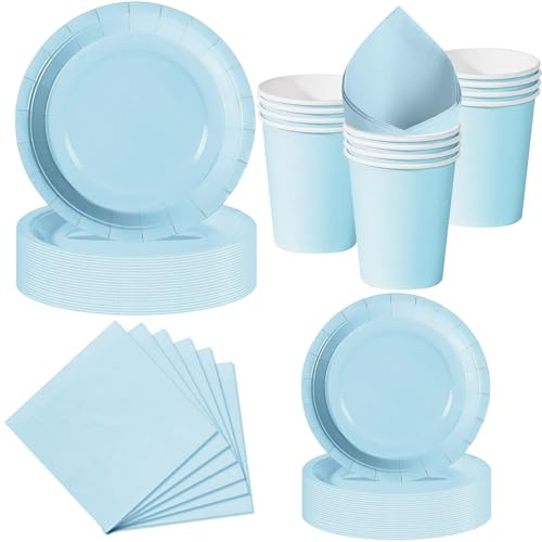 Nkaiso 50 Stück Hellblau Partygeschirr, Pappteller und Becher Set | Partyzubehör Set mit Einwegteller, Servietten & Becher für Kindergeburtstag, Grillfeste, Picknicks und Feiern