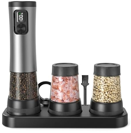 Electric Salt and Pepper Grinder Set,3 Sealable Storage (Stainless Steel) | 2-Speed Setting, Rechargeable Automatic Pepper Mill Shakers,300ml Large Capacity, External Adjustable Coarseness