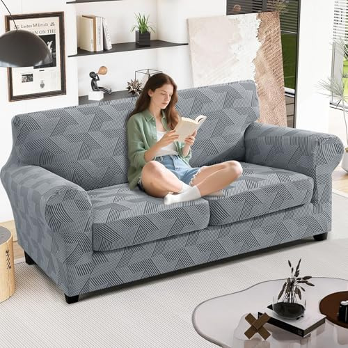 JIVINER 3 Pieces Couch Cover for 2 Extra Large Cushion Couch, Stretch Sofa Covers with Elastic Bottom, Sofa Slipcovers for Dog/Pets Feature Geometrical Jacquard Fabric (XL Loveseat, Light Grey)
