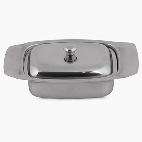 Stainless Steel Butter Dish Container with Lid, 250 Gram Capacity, Rectangular Dish with Handles