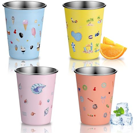 TranRantic 4 Piezas Vaso de Acero Inoxidable para Niños, 350ML Vaso Infantil, Set de Vasos Reutilizables, Copas de Camping Apilable para Niños y Niñas (Azul, Amarillo, Naranja, Rosa)