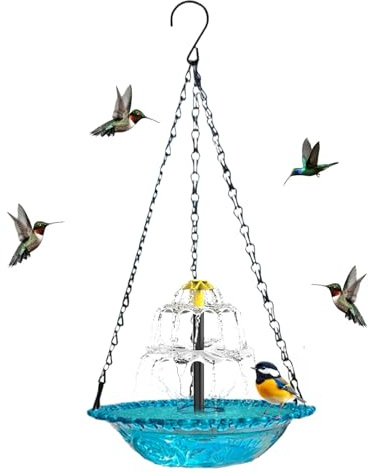 Generisch Vogelbad Brunņen - 46 cm Hängendes Außen-Vogelbad Mit 23,5 cm Glasschale | Solar Wasserbrunnen Für Garten, Terrasse, Hinterhof, Balkon, Rasen, ĸolibris